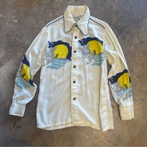 Vintage 70s MadMan Novelty Print Groovy Nautical Sailor Button Up Shirt